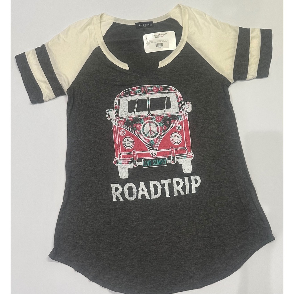 Zutter Roadtrip Graphic Tee Charcoal Gray Raglan Sleeve Top Medium NWT B1071CG